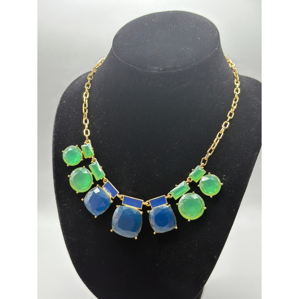 Kate Spade NY Statement Necklace Green Blue Glass Stones Gold Tone Rare #1066